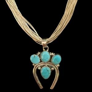 Navajo Native American Turquoise Sterling Liquid Silver Squash Blossom Necklace